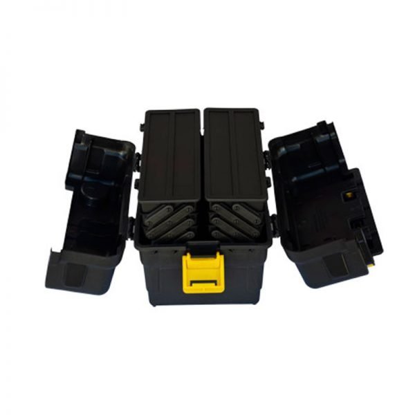 Caixa com 06 bandejas articuladas – com tampas nas bandejas superiores Caixa com 06 bandejas articuladas – com tampas nas bandejas superiores
