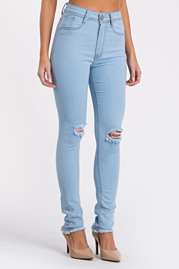 calca jeans skinny cintura alta com puidos 3289