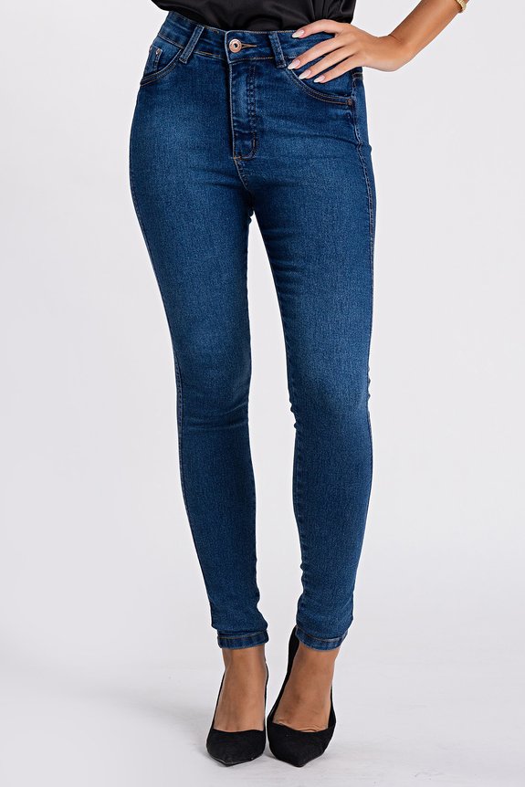 Calça Jeans Skinny Preta Cintura Alta com Puído Preto