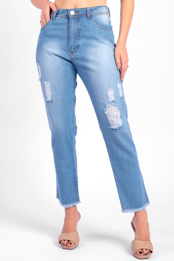 Calça Jeans Mom Cintura Alta com Destroyed Calça Jeans Mom Cintura Alta com Destroyed
