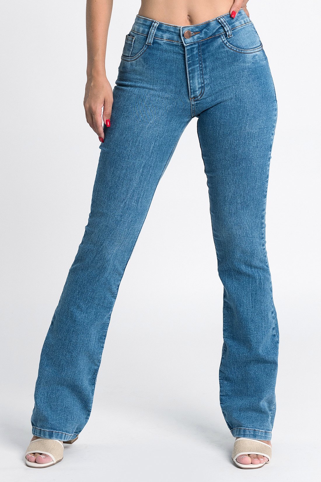 Calça jeans feminina store flare cintura média