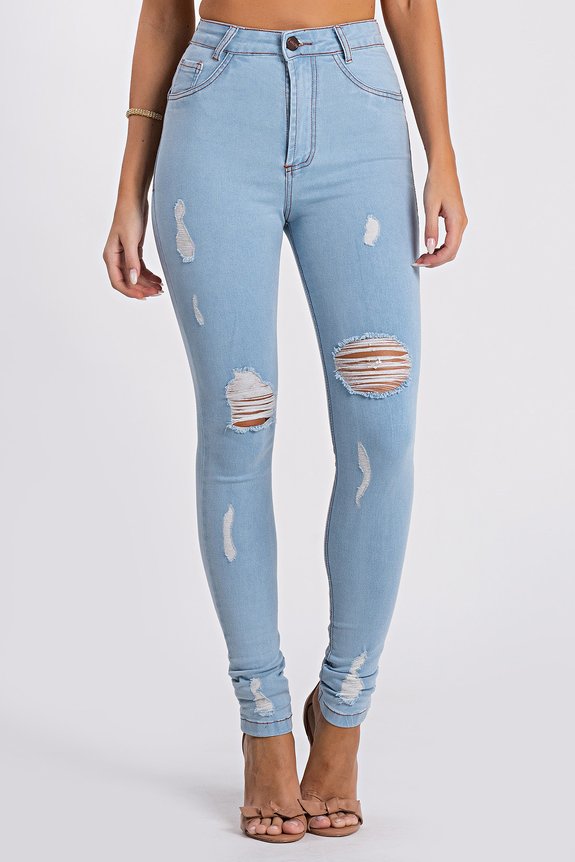 Calça Jeans Feminina Skinny Destroyed Super Stretch Jeans Claro
