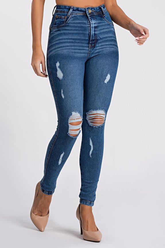 Calça Jeans Feminina Destroyed Jogger Azul