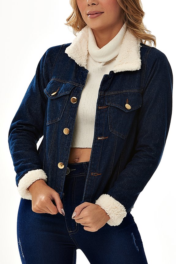 Jaqueta Jeans Feminina Denim Escuro com Peluciado Jaqueta Jeans Feminina Denim Escuro com Peluciado