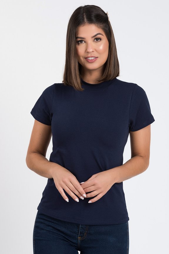 Blusa Basic Marinho Gola Alta com Manga Blusa Basic Marinho Gola Alta com Manga