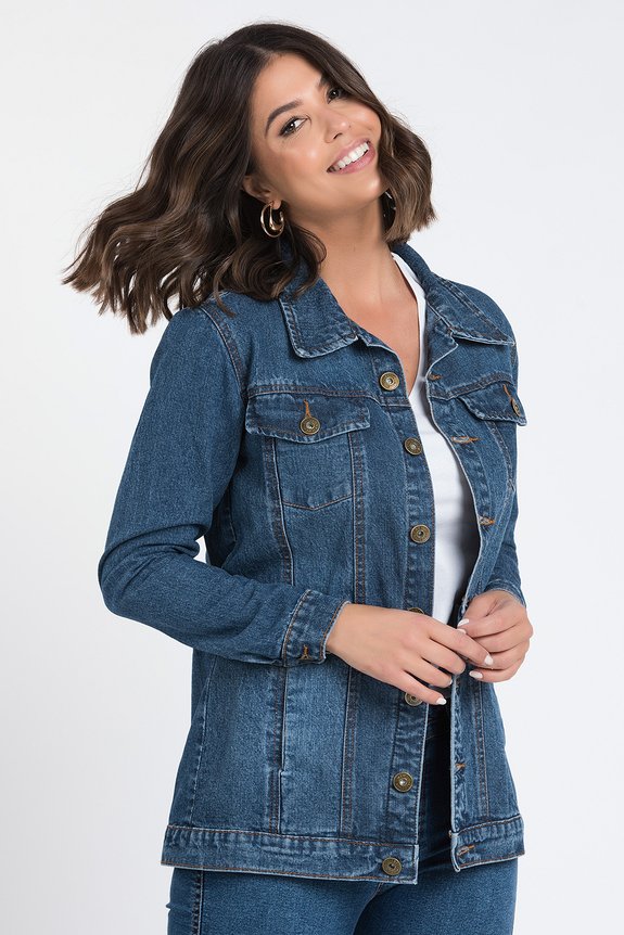 Jaqueta Jeans Basic Alongada Escura Jaqueta Jeans Basic Alongada Escura
