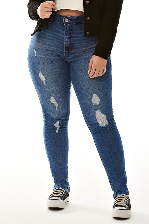 Calça Jeans Skinny Feminina com Puídos - Plus Size Calça Jeans Skinny Feminina com Puídos - Plus Size