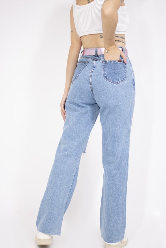 Calça Jeans Feminina Wide Leg Cintura Alta Denim Claro Calça Jeans Feminina Wide Leg Cintura Alta Denim Claro