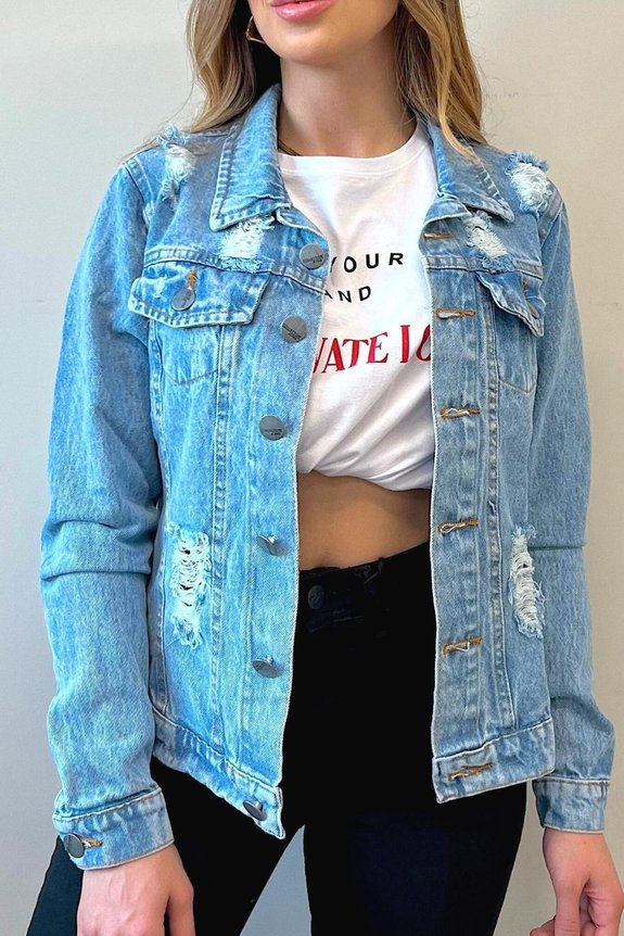 Jaqueta Jeans Clara com Puídos Jaqueta Jeans Clara com Puídos