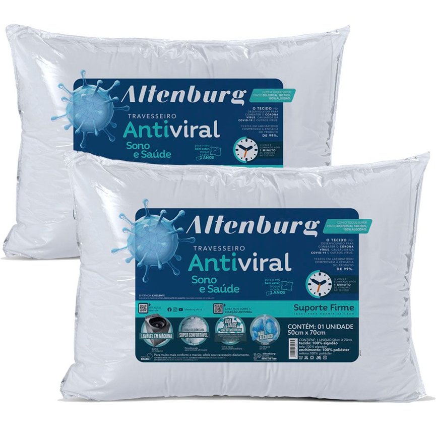 Kit 2 Travesseiros Altenburg Antiviral Sono e Saúde Percal 180 Fios 50x70 - Branco