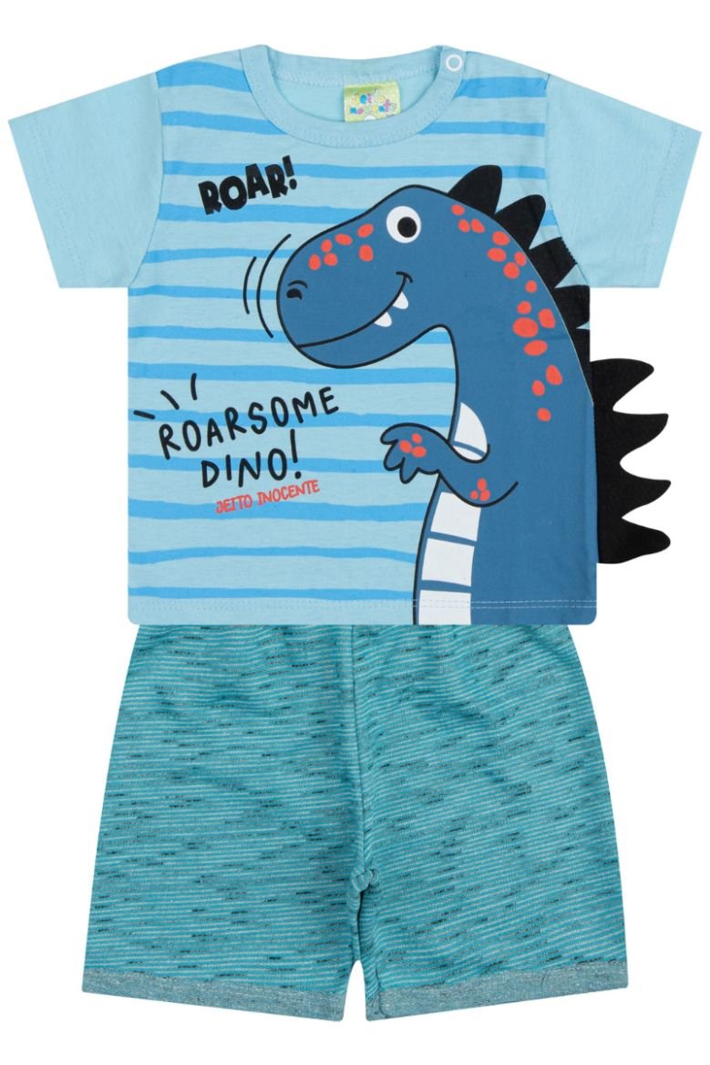 Conjunto Bebê Camiseta Azul Dino e Bermuda (P/M/G) para Bebê