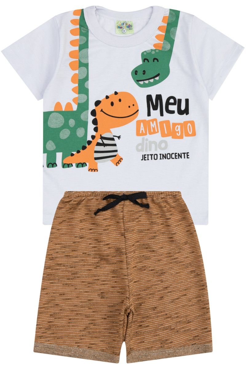 Conjunto Bebê Camiseta Branca Dino e Bermuda (P/M/G) para Bebê