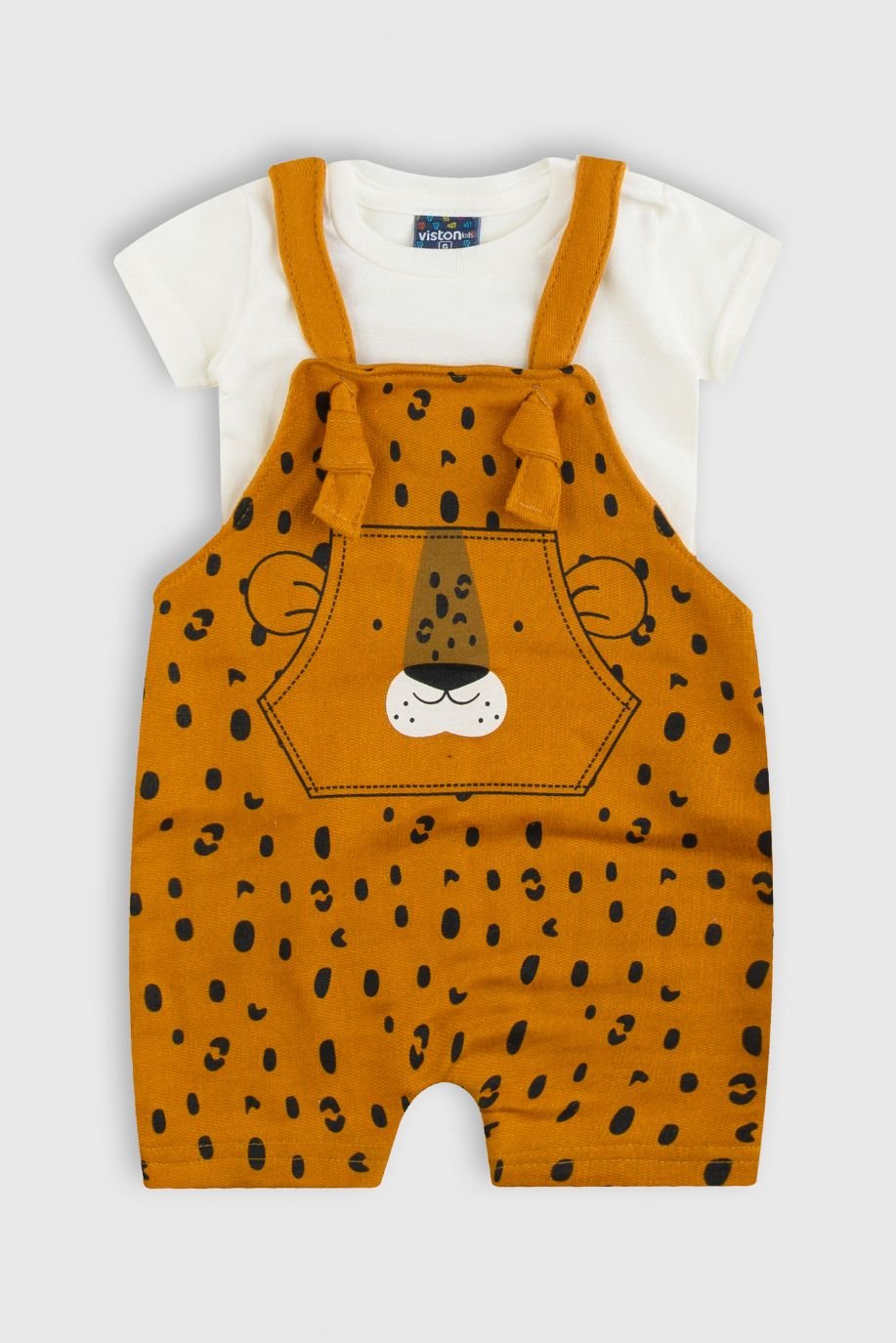 conjunto bebe masculino jardineira moletinho cor mostarda estampa tigre camiseta meia malaha algodao cor branco off loja roupa bebe online10