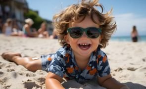 criança em praia usando roupas com proteção UV