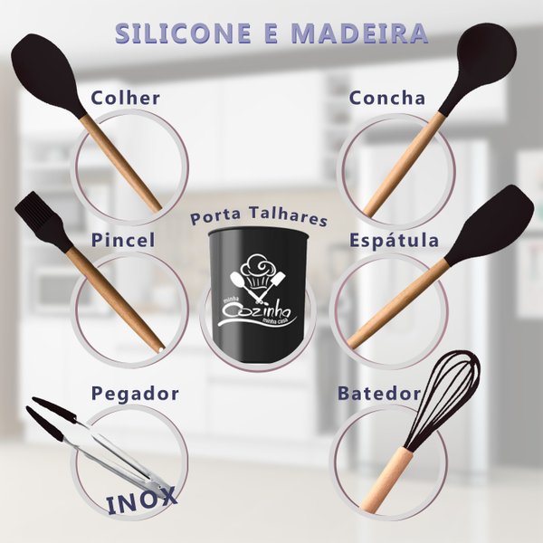 Jogo de Utensílios Cozinha Silicone e Madeira Premium 7 Peças