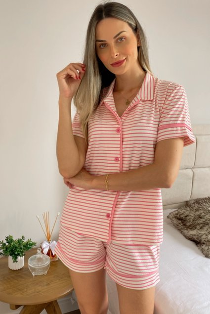 Conjunto Pijama Americano Manga Curta Adulto Feminino Preto Filete