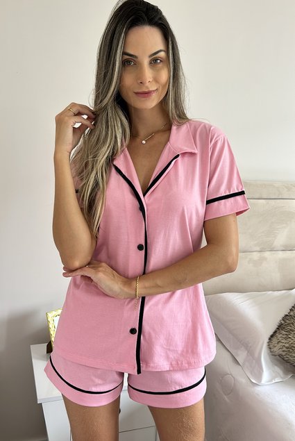 Conjunto Pijama Americano Manga Curta Adulto Feminino Chiclete