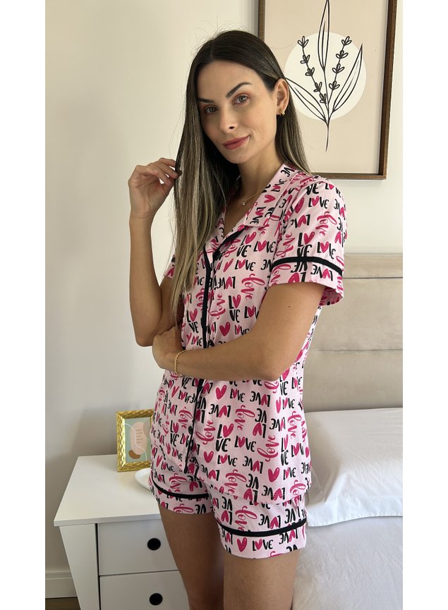 Conjunto Pijama Americano Curto Adulto Feminino - ROSA BB LOVE