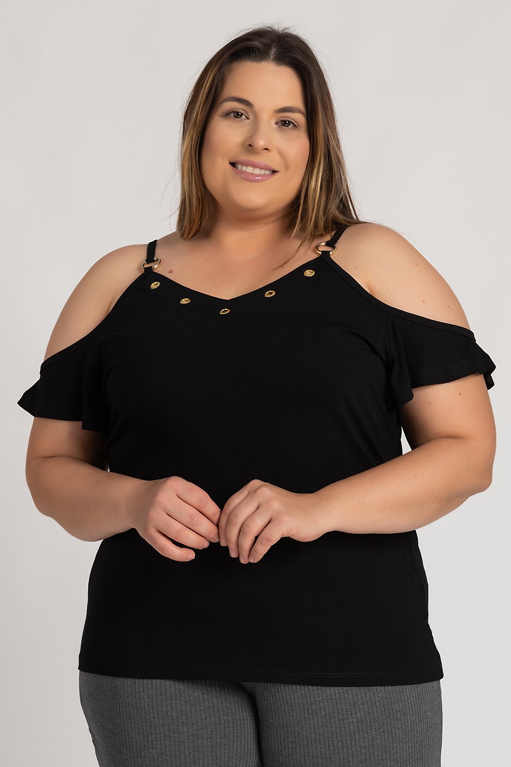 Blusa Feminina Plus Size Visco Ilhós Decote Fivela Alças - Serena