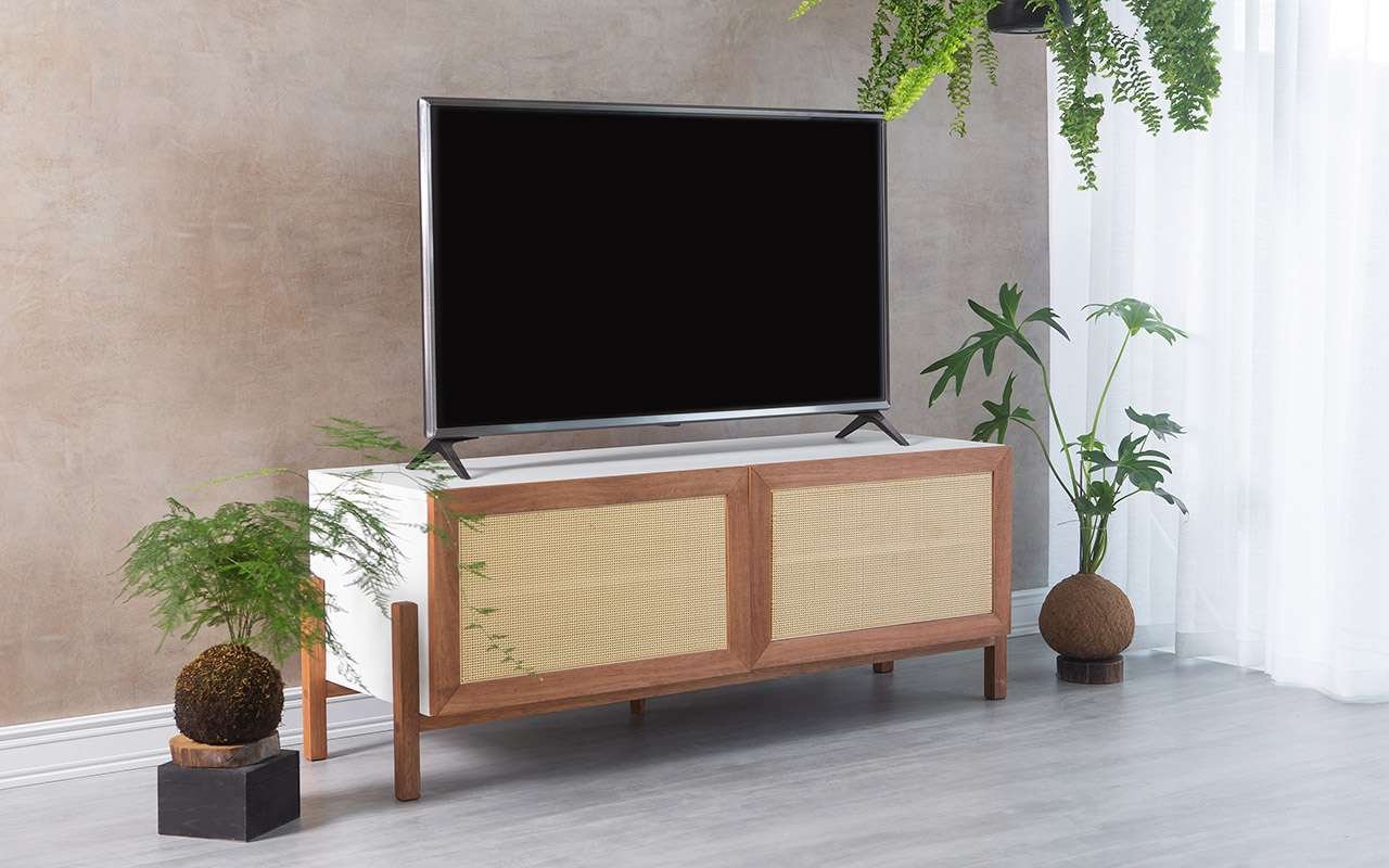 Rack Pequeno para Sala de TV Eric 120 cm MDF Branco e Madeira JT com ...