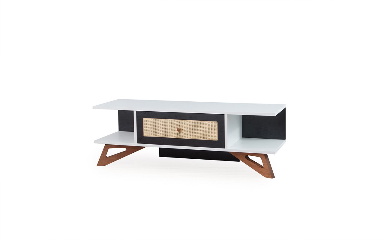 Rack Pequeno de TV Stills MDF Branco e Preto e Madeira JT