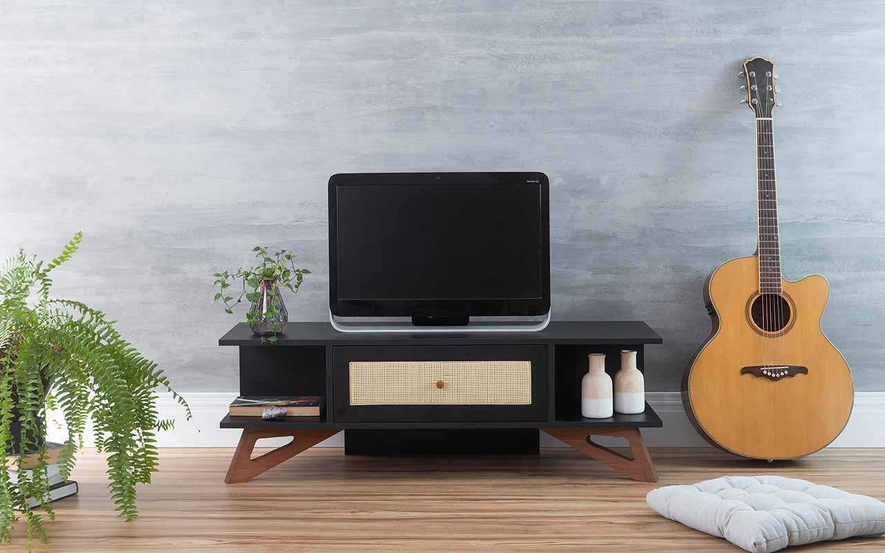 Rack para TV Pequeno Stills MDF Preto e Madeira JT