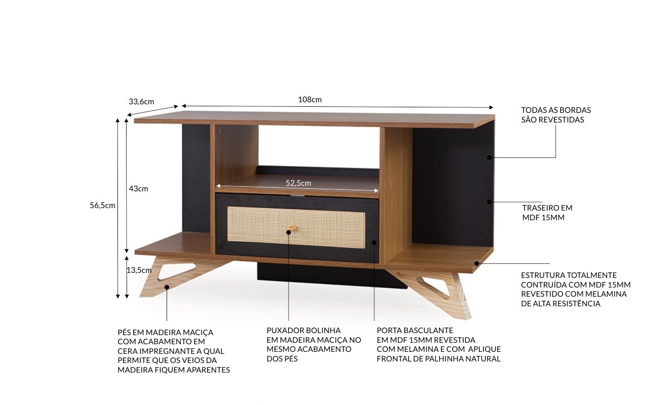 Rack para Sala Pequena Stills MDF Freijó e Preto e Madeira Natural