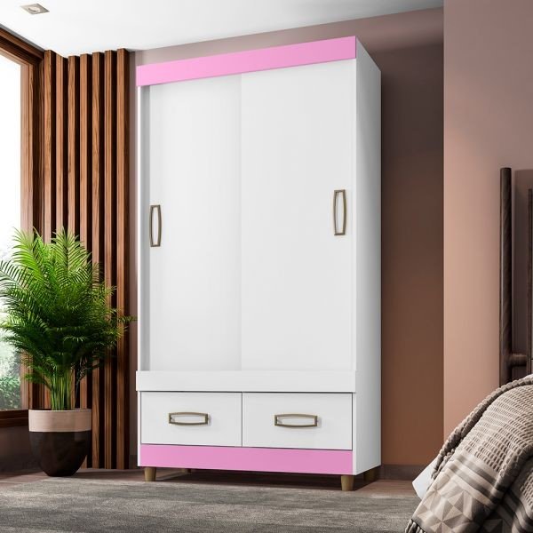 guarda roupa 2 portas deslizantes 2 gavetas 20022 araplac branco rosa