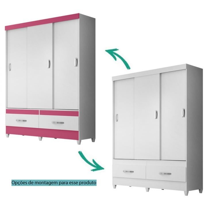 guarda roupa 3 portas deslizantes 2 gavetas new suecia moval rosa branco flex