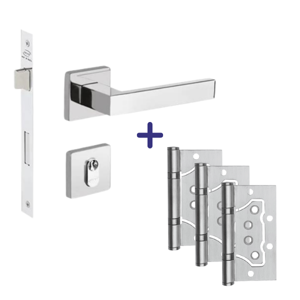 Kit Fechadura Externa Hato + 3 Dobradiças de Sobrepor Inox Kit Fechadura Externa Hato + 3 Dobradiças de Sobrepor Inox