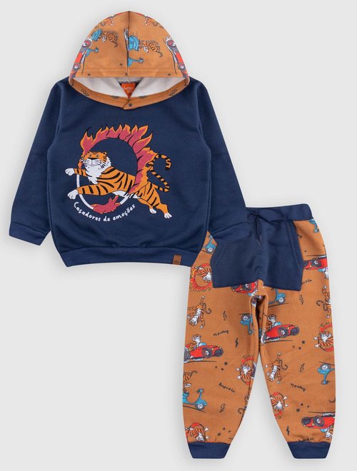 Conjunto de moletom com capuz com estampa de tigre, conjunto