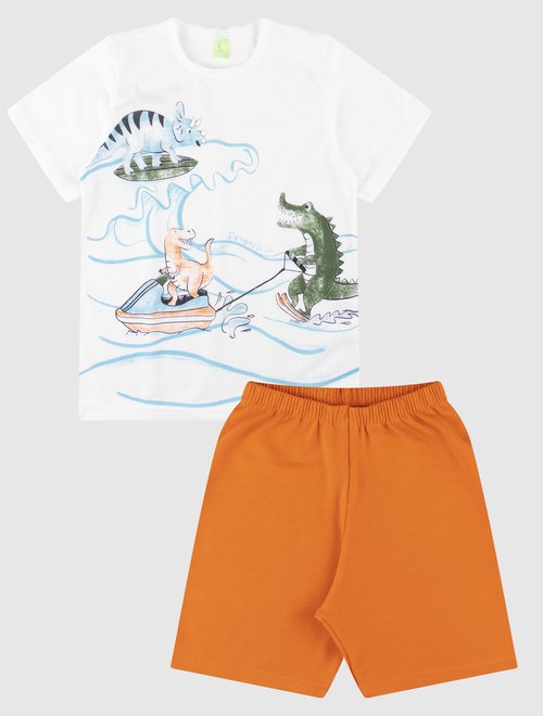 04 conjunto bebe e infantil camiseta bermuda menino branco laranja