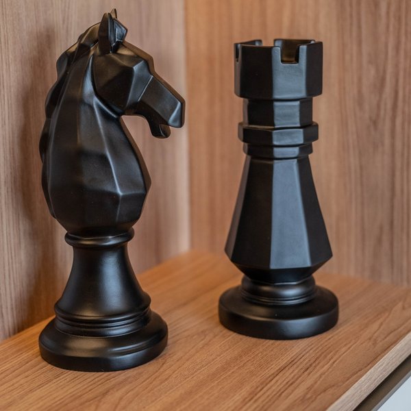 Decoração Peças De Xadrez Preto Rei Rainha E Cavalo Escultura Grande