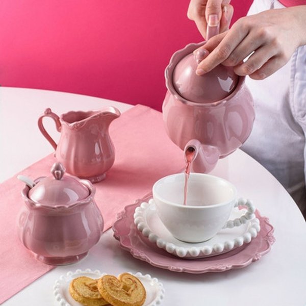 Conjunto de Bule para Chá /Café de porcelana Fancy wolff na cor rosa