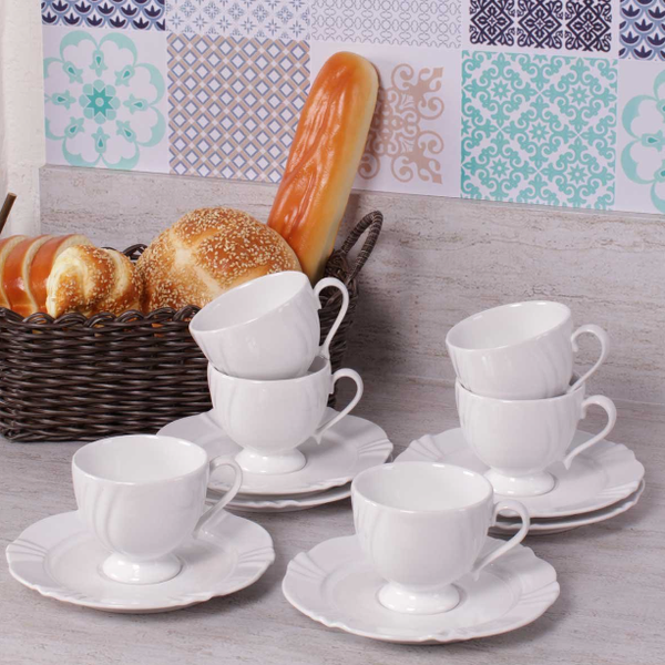 Jogo de Chá de Porcelana Branco - 6 Xícaras + 1 Jarra Bule + 1 Bandeja -  Café da Manhã Cozinha
