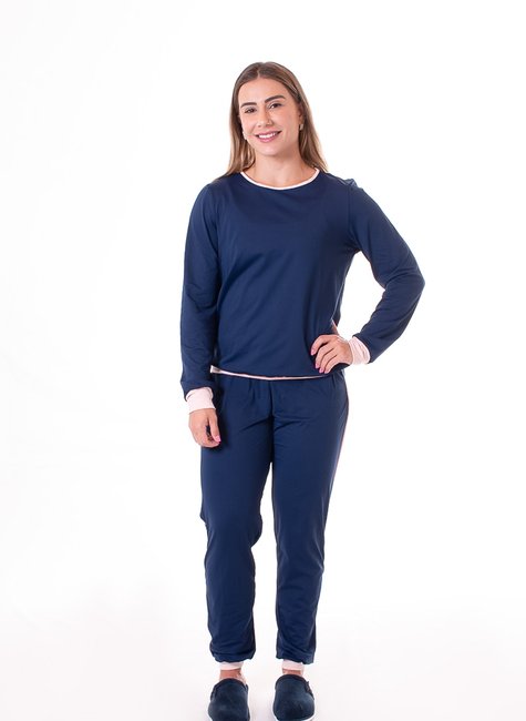 Pijama Inverno Feminino Plus Size De Algodão Básico Azul Marinho
