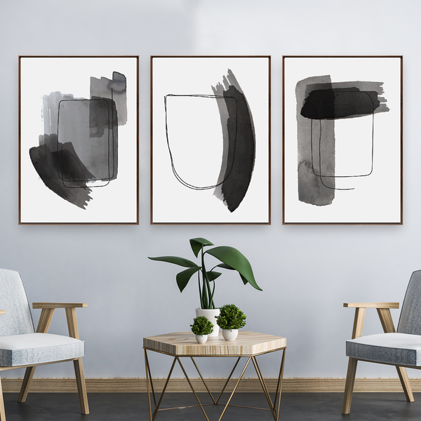 Quadro Decorativo 3 Telas Abstrato Minimalista Preto e Branco