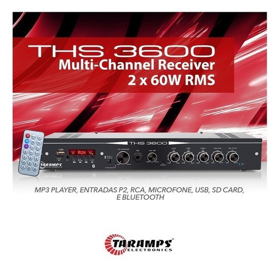 amplificador receiver taramps ths 3600 multi canais usb sd radio bt 120w rms som ambiente 2922