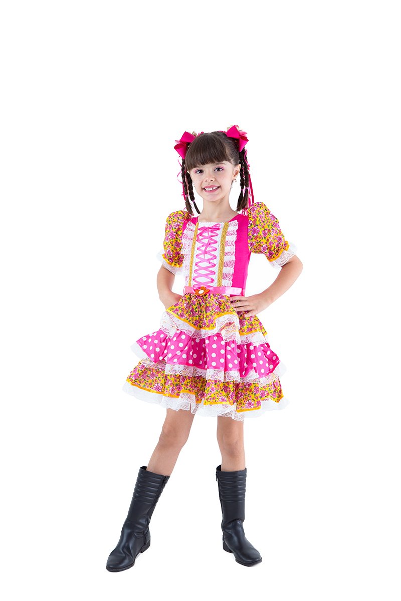 Vestido Infantil Festa Junina Floral com Poá Rosa Vestido Infantil Festa Junina Floral com Poá Rosa