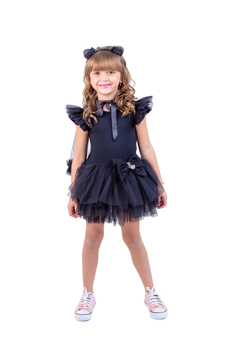 Vestido Infantil Preto com Tule sobre a Saia - Meninas 1 a 10 anos - Preto