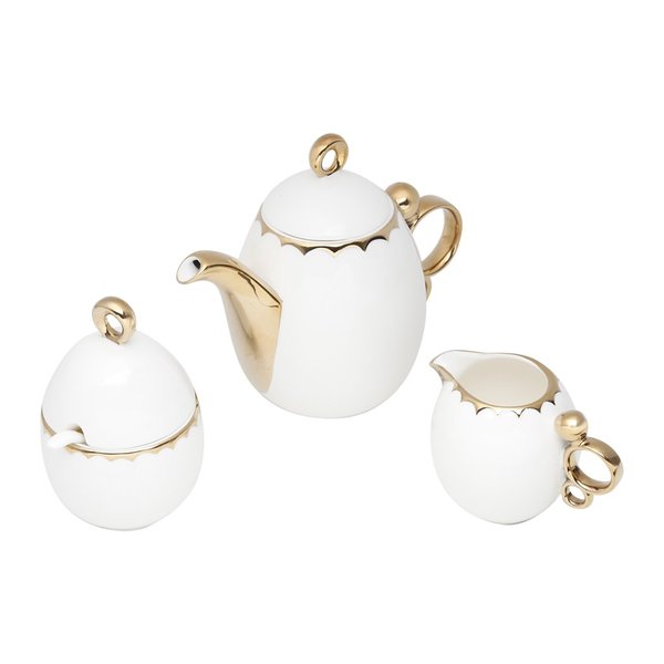 Conjunto para Chá Bule Açucareiro Leiteira Porcelana Paddy Branco e Dourado  3 Peças