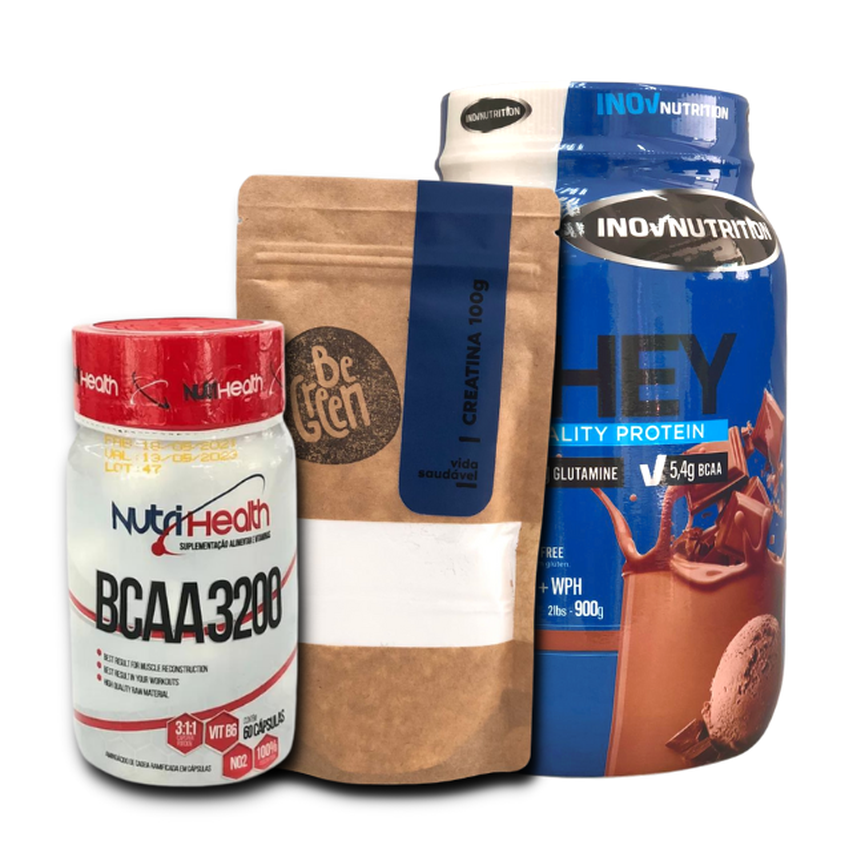 Kit Whey 3W 900g + Creatina 100g Inov + BCAA 3200 60 Cáps Kit Whey 3W 900g + Creatina 100g Inov + BCAA 3200 60 Cáps