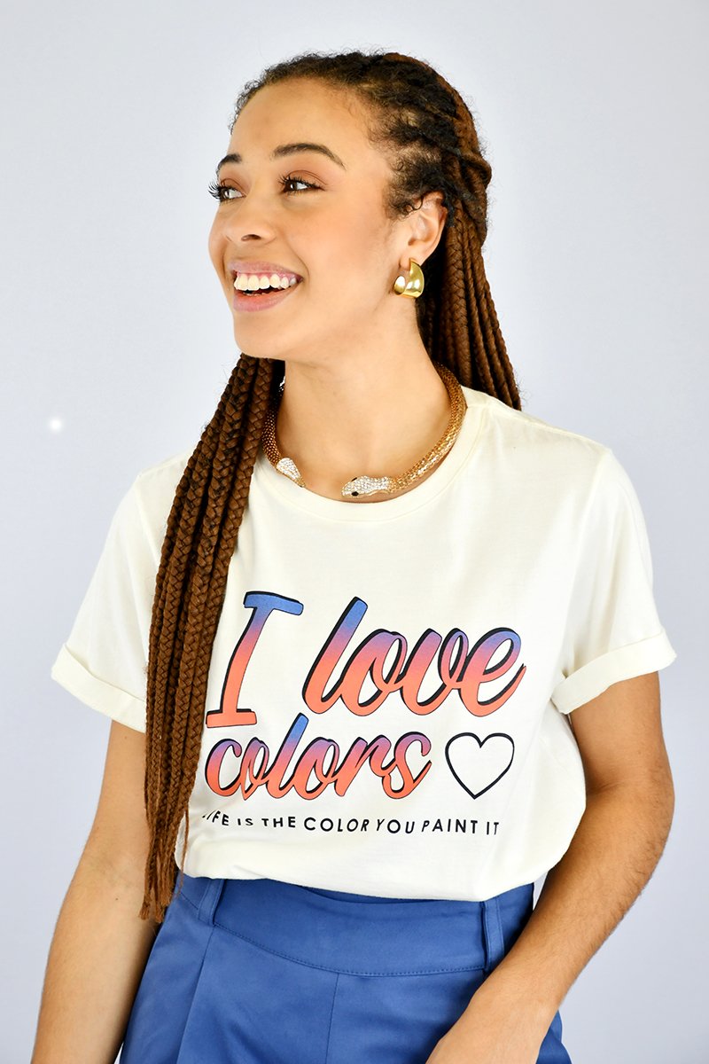 T-shirt Feminina Estonada Malha 100% Algodão I Love Colors Off White
