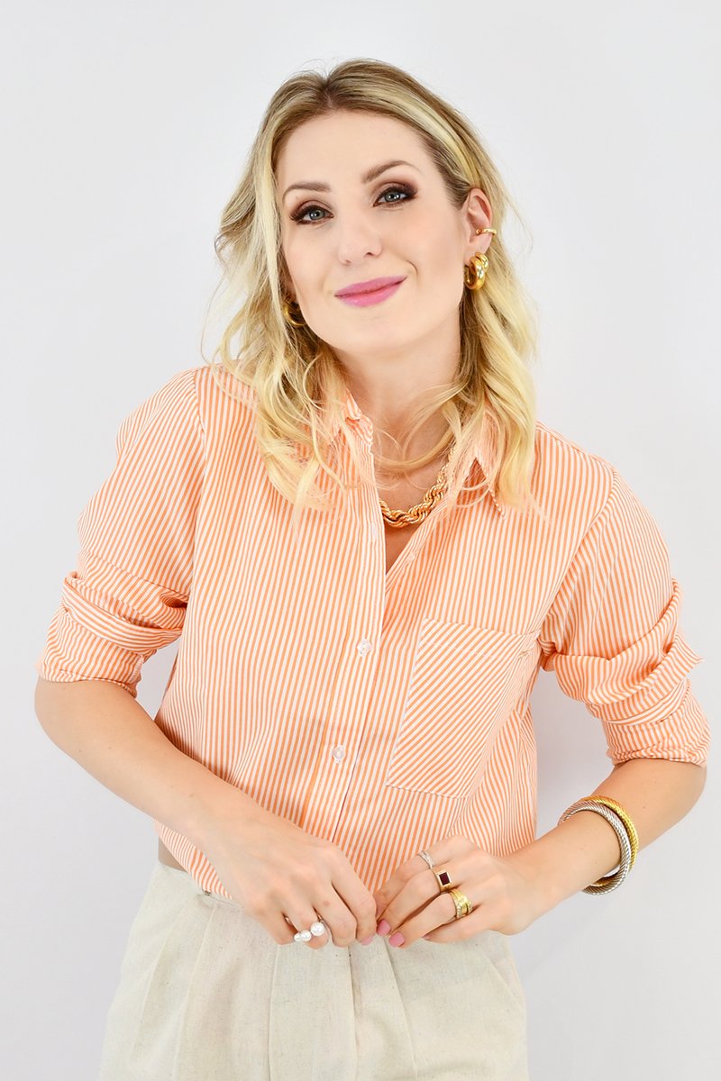 Camisa Feminina de Tricoline 100 Algod o Luciana Listrada Laranja