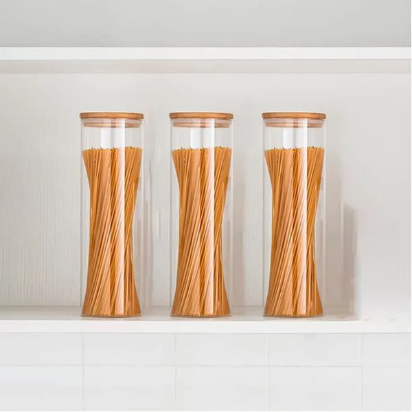 kit 3 porta mantimentos hermeticos de vidro com tampa de bambu 1 5 l