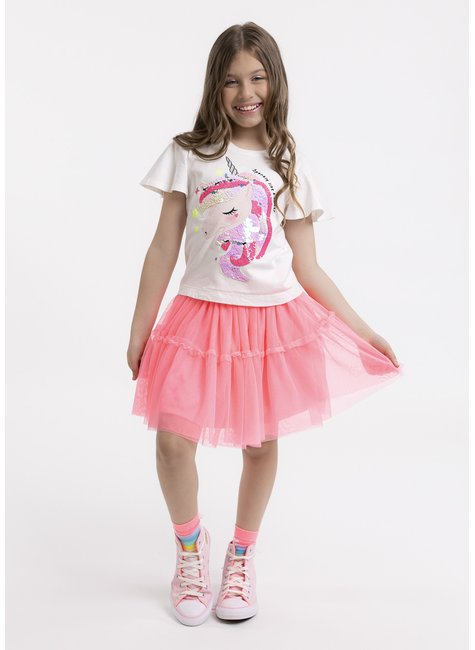 04 blusa infantil manga evase com bordado unicornio em paete e estampa com glitter