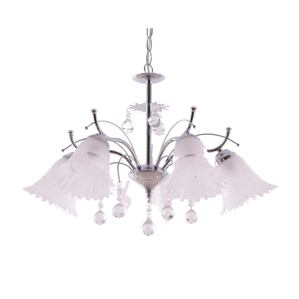 lustre evelyn 5 bracos adn pontoluxcromado com cristal de acrilico 5 bracos cupula de vidro adn
