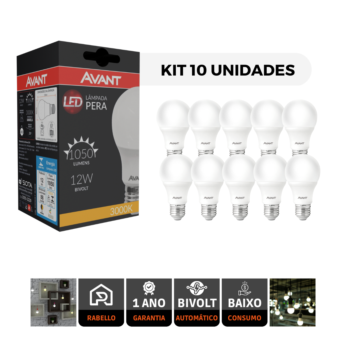 kit 10 lampada led bulbo 12w avant bivolt soquete e27 3000k 1