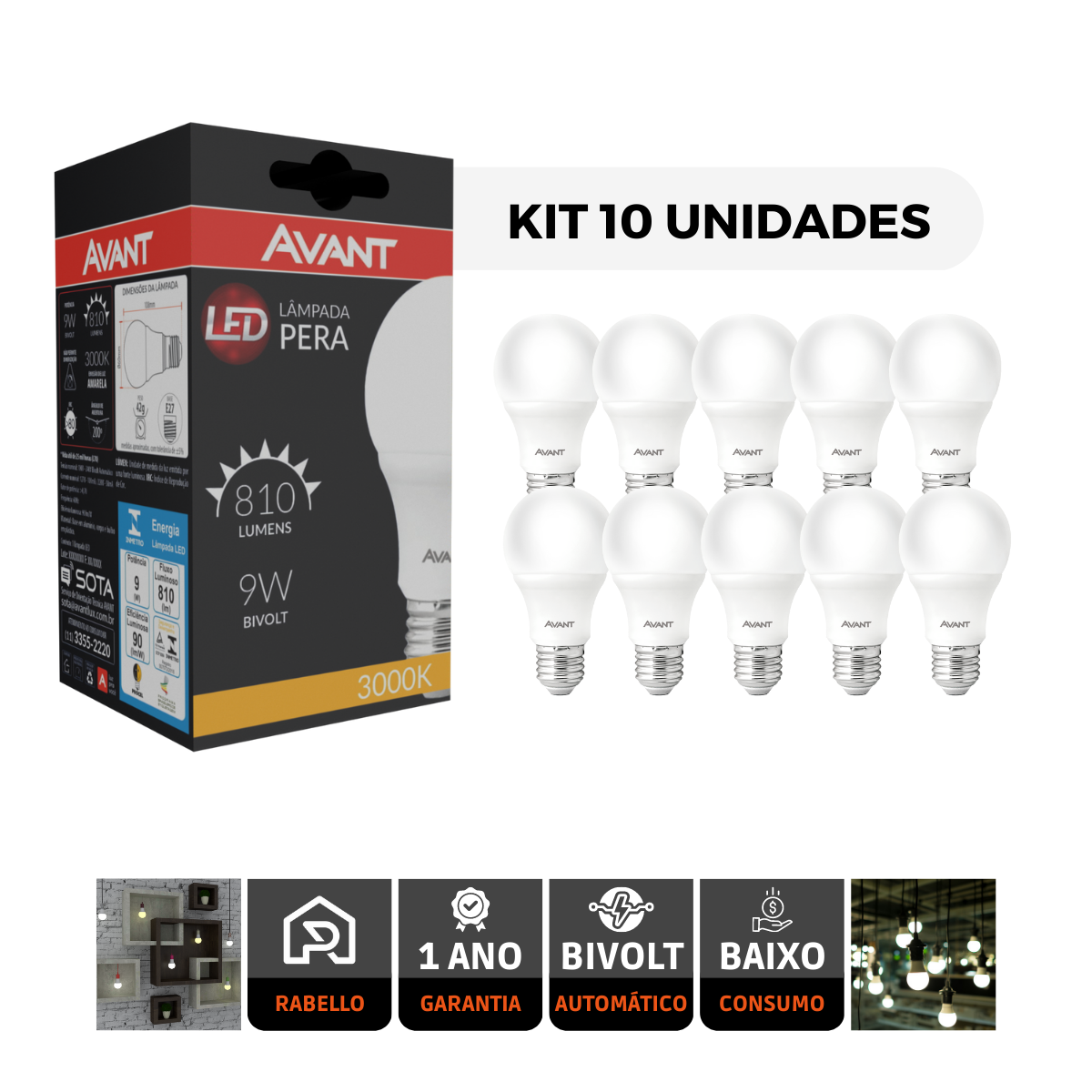 kit 10 lampada led bulbo 9w avant bivolt soquete e27 3000k 1