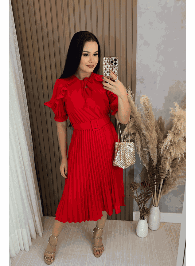 vestido plissado midi cor vermelha 1